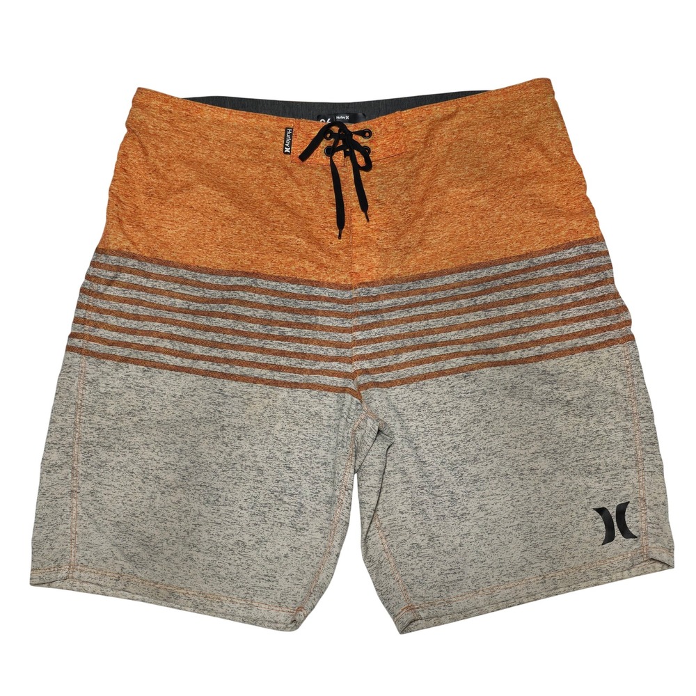 Hurley‎ Board Shorts Mens Size 36 Orange Heather Gray Stripe Swim Surf Beach